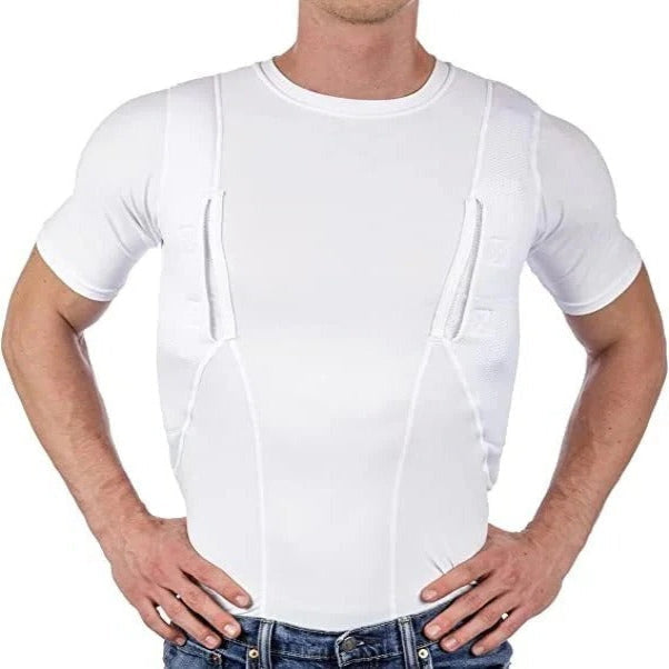 Homixa men's fitted compression dress shirt with mesh panels and dual concealed pockets, designed for a sleek, sporty look.