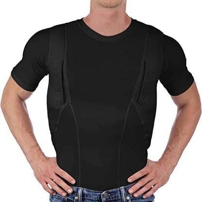 Homixa men's fitted compression dress shirt with mesh panels and dual concealed pockets, tailored for athletic style and comfort.