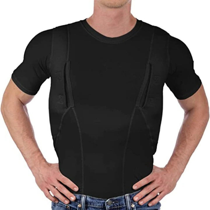 Homixa Caedora men's fitted compression shirt with mesh panels and dual concealed pockets, designed for athletic and casual wear.