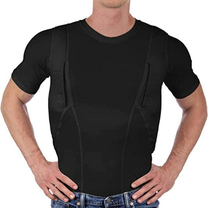 Homixa Caedora men's fitted compression shirt with mesh panels and dual concealed pockets, designed for athletic and casual wear.