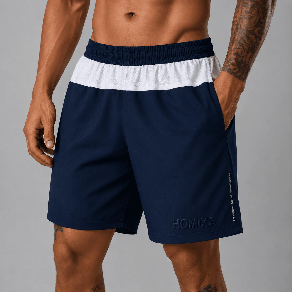 Homixa men's navy blue track block shorts with a relaxed fit, featuring a comfortable waistband and stylish design.