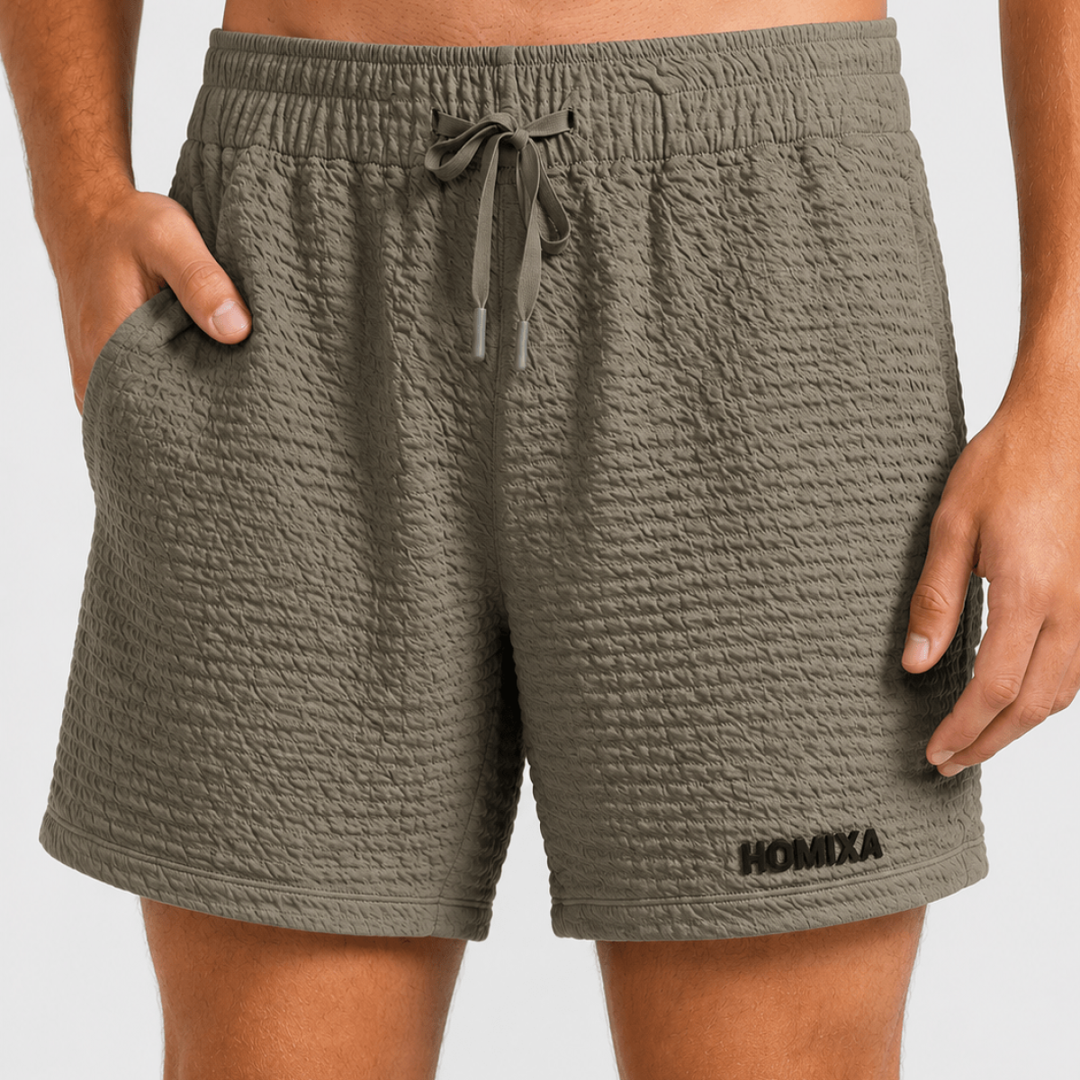 Homixa textured core men's shorts in olive green, featuring a comfortable fit and stylish design for casual wear.