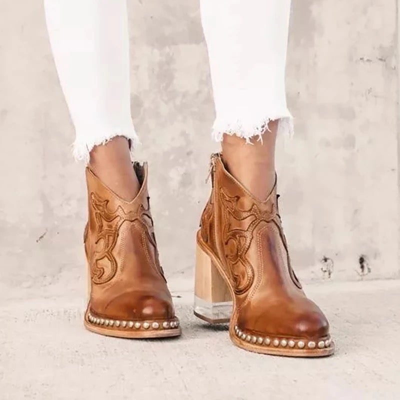 Homixa women's cowboy boots from the Relaxed Fit Rowan Edit, featuring tan leather and classic Western design.
