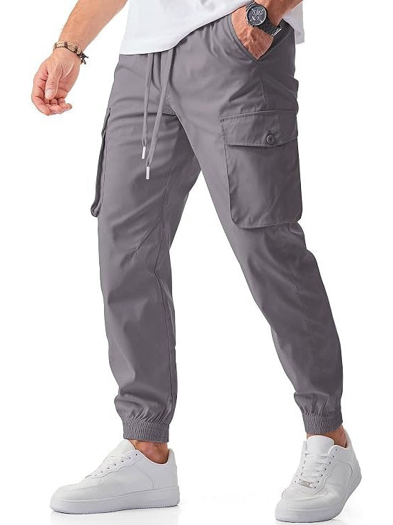 Homixa Belvora men's cargo joggers with drawstring waist, flap pockets, tapered cuffs, and casual athletic style.