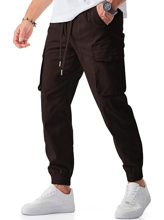 Homixa Belvora men's cargo joggers with drawstring waist, flap pockets, tapered cuffs, shown in a stylish casual fit.