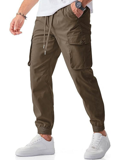 Homixa Belvora men's cargo joggers with drawstring waist, flap pockets, tapered cuffs, casual streetwear style