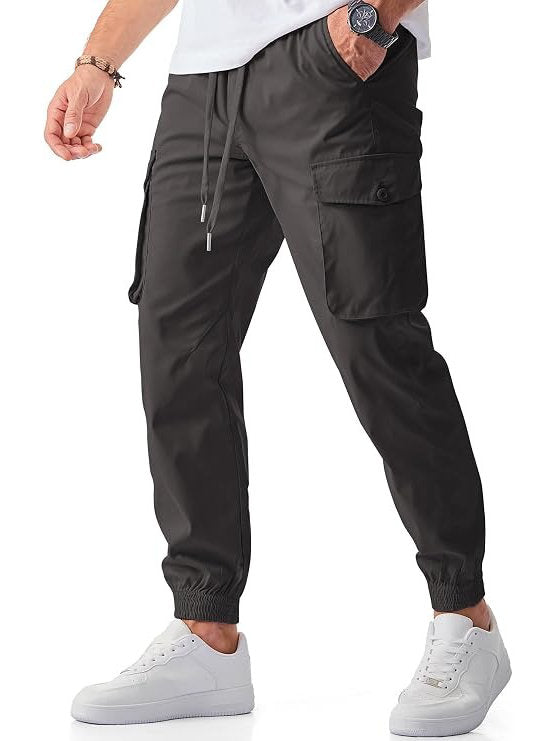 Homixa Belvora men's cargo joggers with drawstring waist, flap pockets, tapered cuffs, featuring durable fabric and casual style.