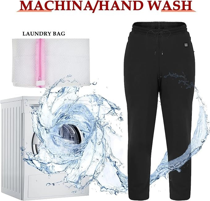 Homixa Belnelle unisex heated sweatpants with eight heating zones, USB power, and three heat levels, shown in a casual fit image.