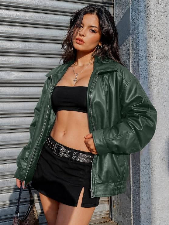 Women's oversized faux leather jacket by Olive & Evy featuring a biker moto style, medium weight for fall and winter outerwear.