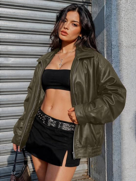 Women's oversized faux leather jacket by Olive & Evy, boyfriend biker moto coat in medium weight fall winter outerwear.