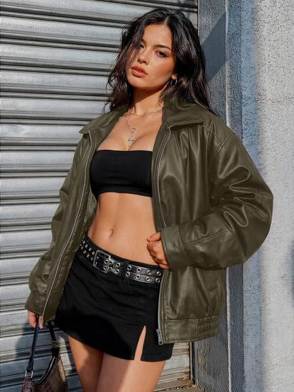 Women's oversized faux leather jacket by Olive & Evy, boyfriend biker moto coat in medium weight fall winter outerwear.