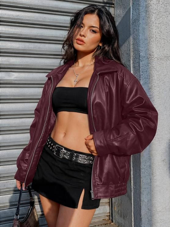 Women’s oversized faux leather biker jacket by Olive & Evy, featuring a relaxed fit and moto style for fall and winter wear.