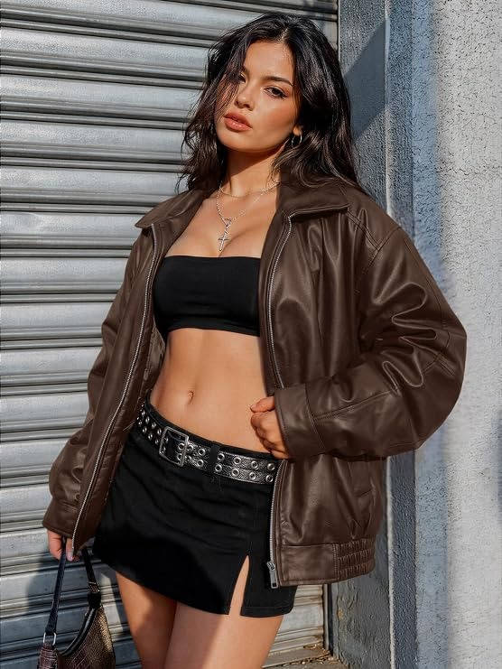 Women's oversized faux leather biker jacket by Olive & Evy, featuring a boyfriend moto style, perfect for fall winter outerwear.
