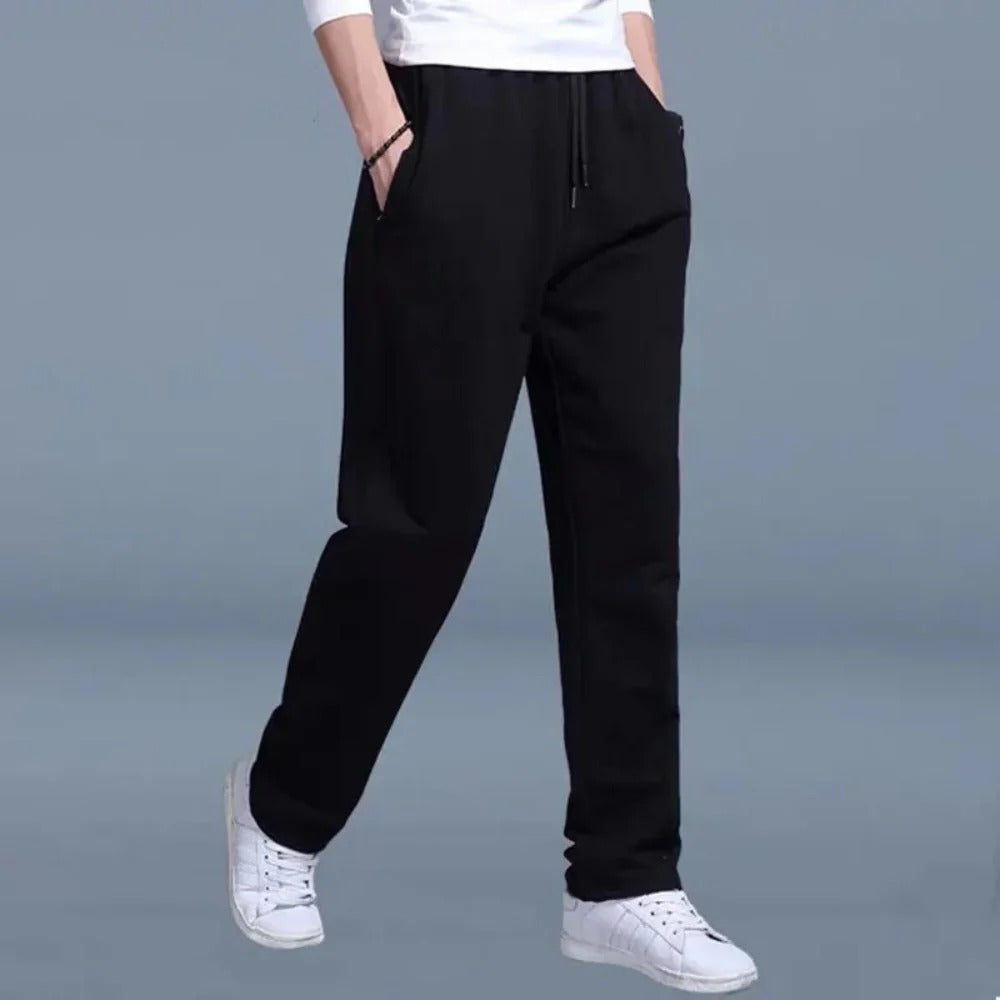 Homixa Belthia men's cotton sweatpants with straight legs, side pockets, and drawstring waist, shown in a relaxed fit.