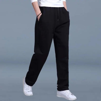 Homixa Belthia men's cotton sweatpants with straight legs, side pockets, and drawstring waist, shown in a relaxed fit.
