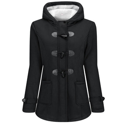 Homixa Belmira women's sherpa-lined hooded duffle coat with toggle front and patch pockets, puffer jacket style, cozy and stylish.
