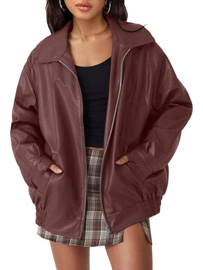 Women's oversized faux leather jacket by Olive & Evy, boyfriend biker moto coat in medium weight fall winter outerwear.