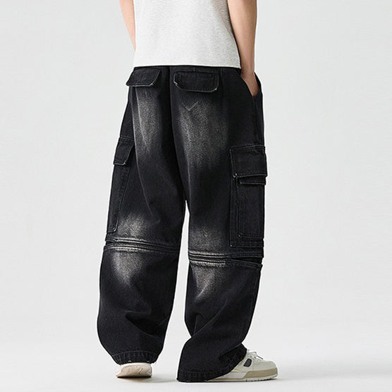 Homixa Caerielle men's heavyweight cargo jeans with loose fit, thigh pockets, and knee seams, displayed on a model.