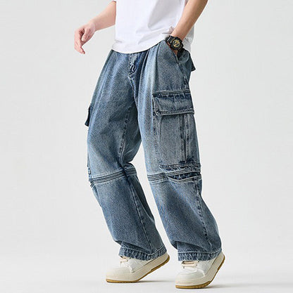 Homixa Caerielle men's heavyweight cargo jeans with loose fit, thigh pockets, and knee seams, shown in a natural front view.