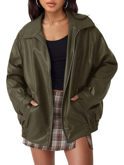 Women's oversized faux leather jacket by Olive & Evy featuring a biker moto style, perfect for fall and winter outerwear.