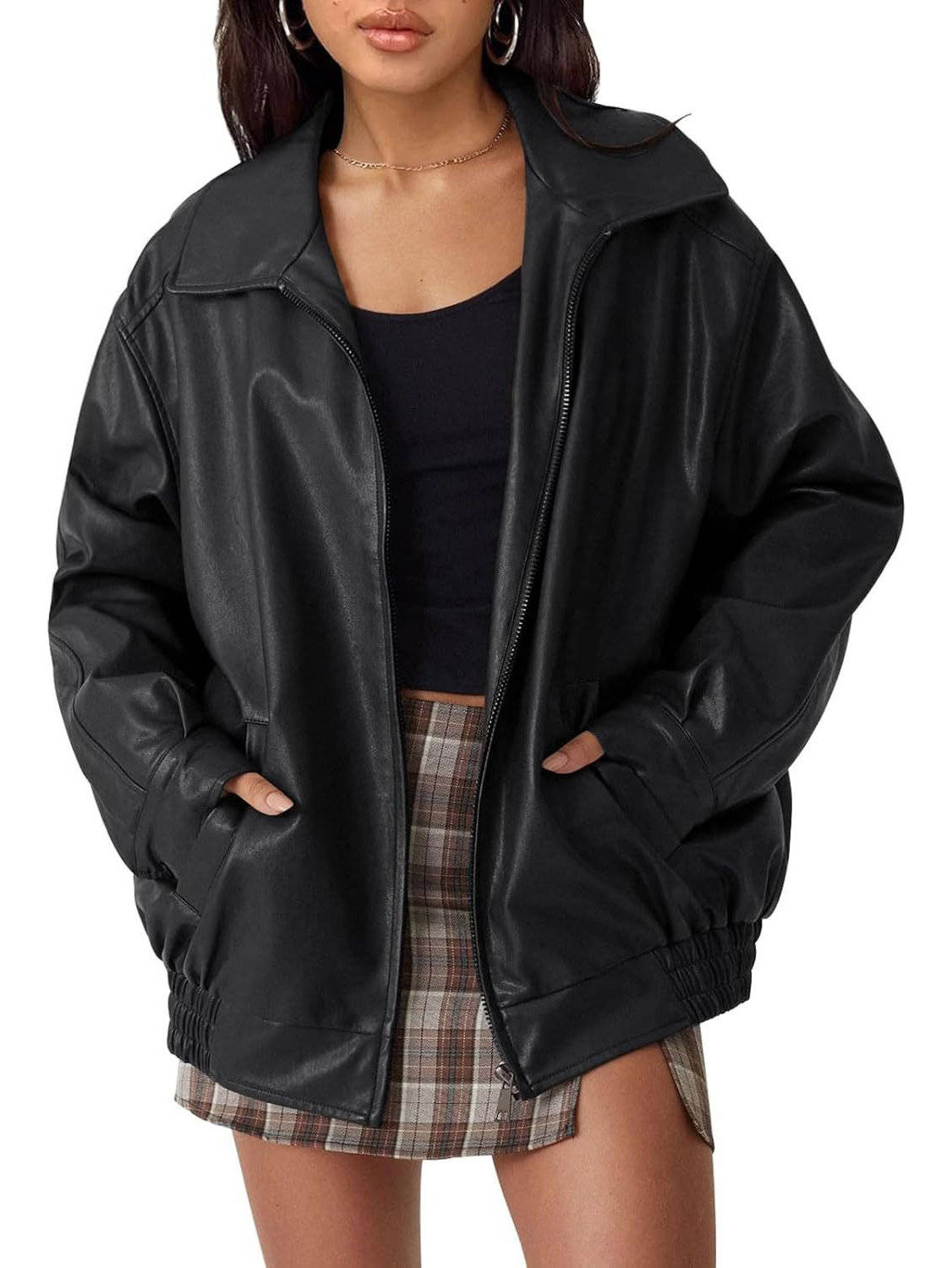 Olive & Evy women's oversized faux leather biker jacket with boyfriend fit, fall winter outerwear, medium weight for stylish warmth