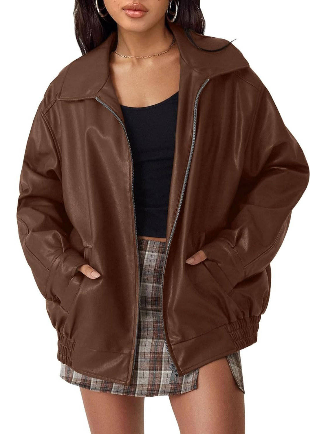 Women's oversized faux leather jacket by Olive & Evy featuring a biker moto style, medium weight fall winter outerwear.