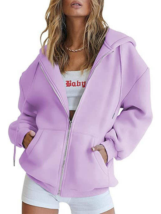 Olive & Evy women's oversized zip-up hoodie fleece sweatshirt jacket with front pockets, casual and cozy for everyday wear.