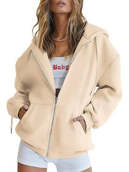 Women's oversized zip-up hoodie by Olive & Evy, fleece sweatshirt jacket with front pockets, comfortable and stylish casual wear.