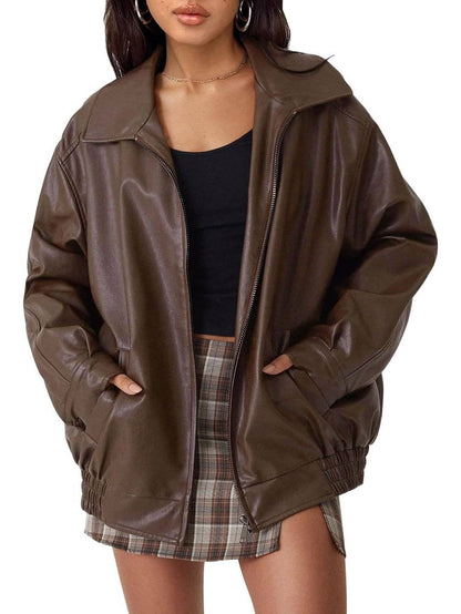 Women's oversized faux leather jacket by Olive & Evy featuring a biker moto style, medium weight fall winter outerwear.