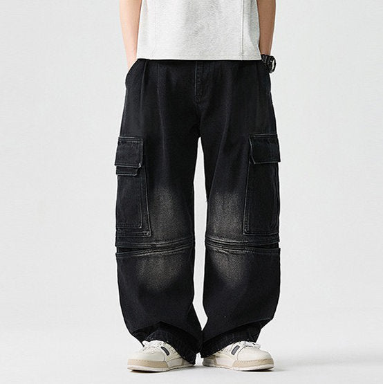 Homixa Caerielle men's heavyweight cargo jeans with loose fit, thigh pockets, and knee seams, shown in a natural standing pose.