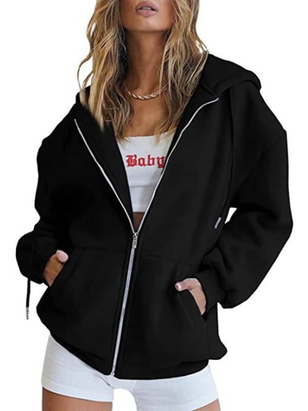 Women's oversized zip-up hoodie by Olive & Evy, fleece sweatshirt jacket with front pockets and a relaxed fit.