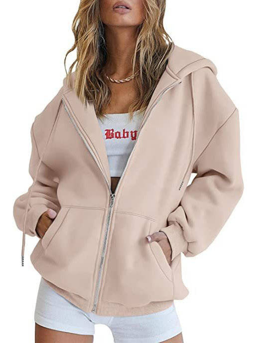 Olive & Evy women's oversized zip-up hoodie fleece sweatshirt with pockets, casual jacket in soft fabric, shown in black.