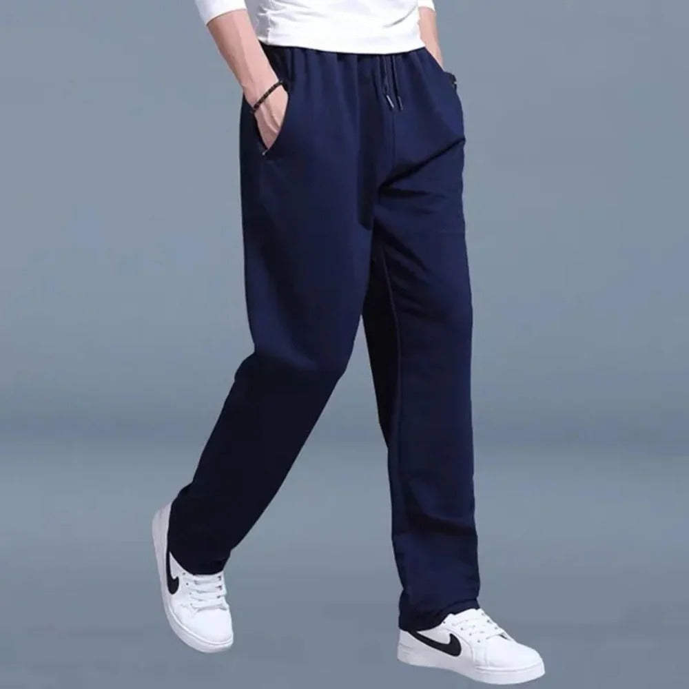 Homixa Belthia men's cotton sweatpants with straight legs, side pockets, and drawstring waist, shown in a relaxed fit.