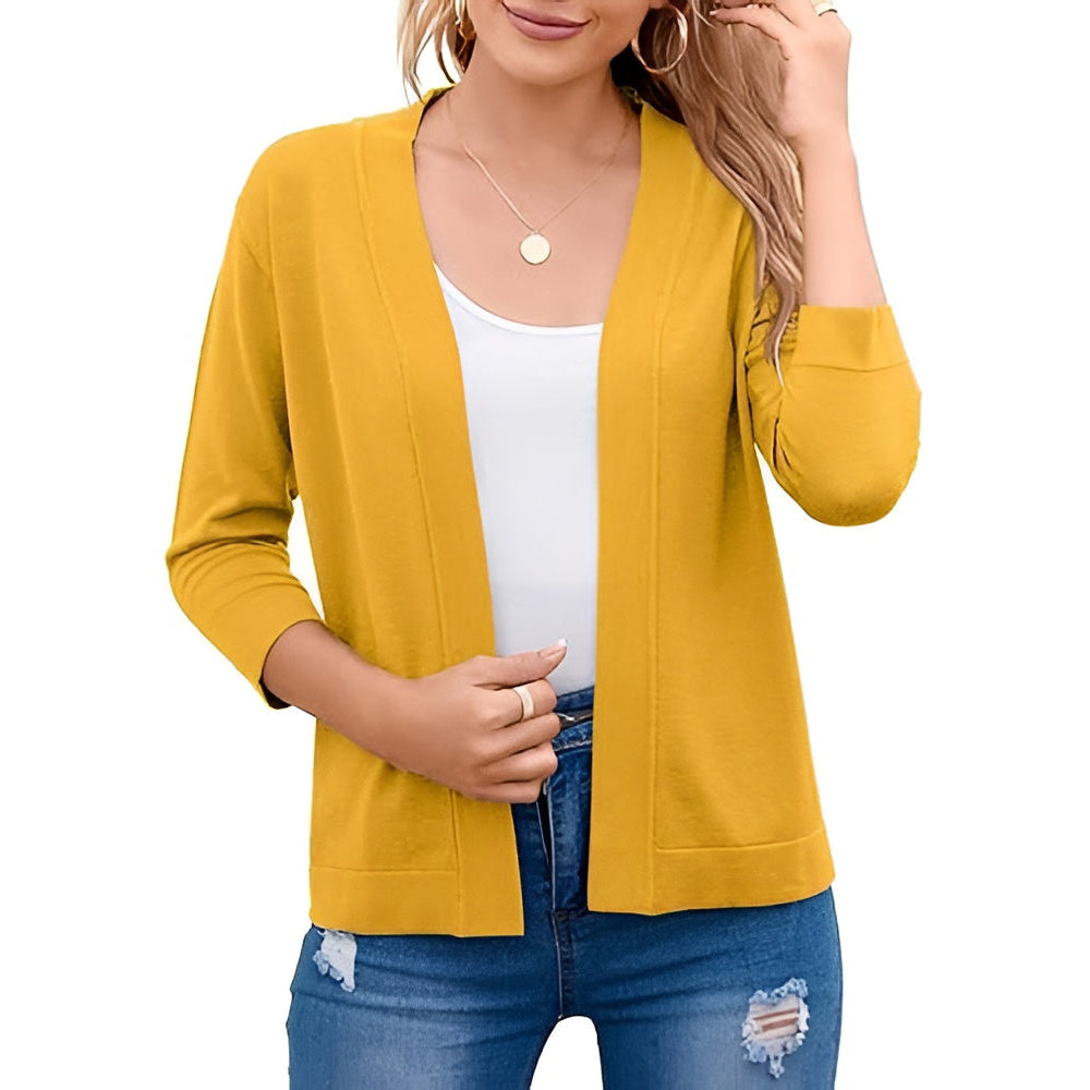 Homixa Caelune women's cropped open-front cardigan with three-quarter sleeves and banded hem, shown in a natural pose.