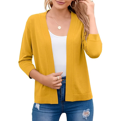 Homixa Caelune women's cropped open-front cardigan with three-quarter sleeves and banded hem, shown in a natural pose.