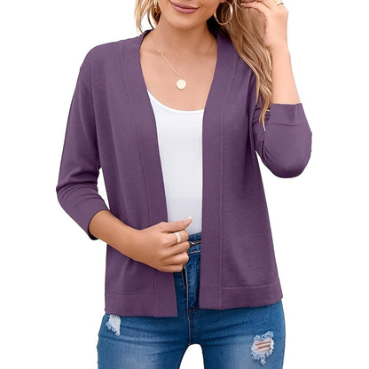 Homixa Caelune women's cropped open-front cardigan with three-quarter sleeves and banded hem, shown on a model.