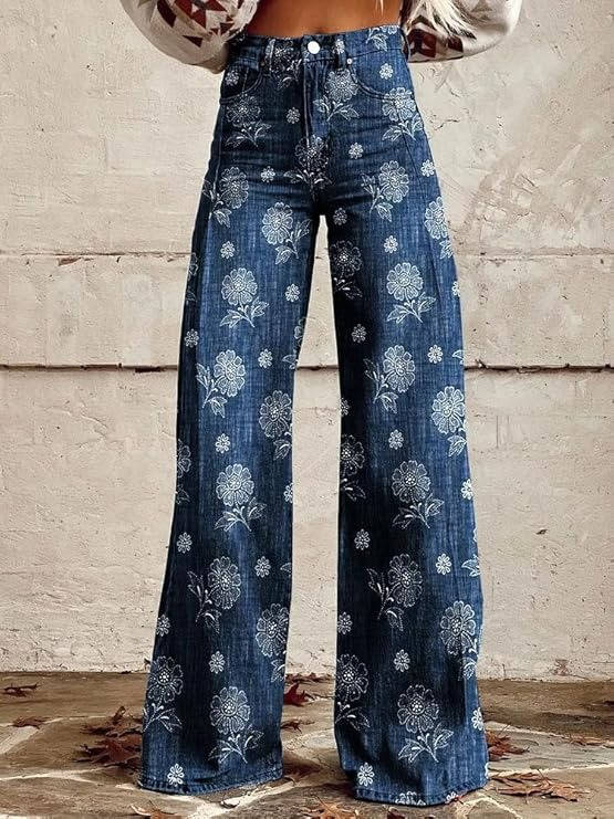 Homixa Delrielle high-waisted floral bell-bottom trousers with belt loops and stretch fabric, shown on a model.