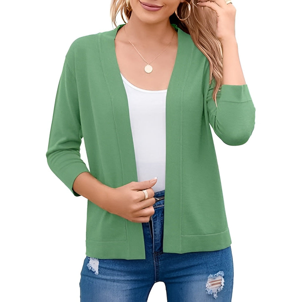Homixa Caelune women's cropped open-front cardigan with three-quarter sleeves and banded hem, shown on a model.