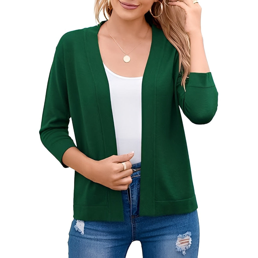 Homixa Caelune women's cropped open-front cardigan with three-quarter sleeves and banded hem, displayed on a model.