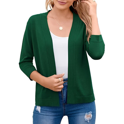 Homixa Caelune women's cropped open-front cardigan with three-quarter sleeves and banded hem, displayed on a model.