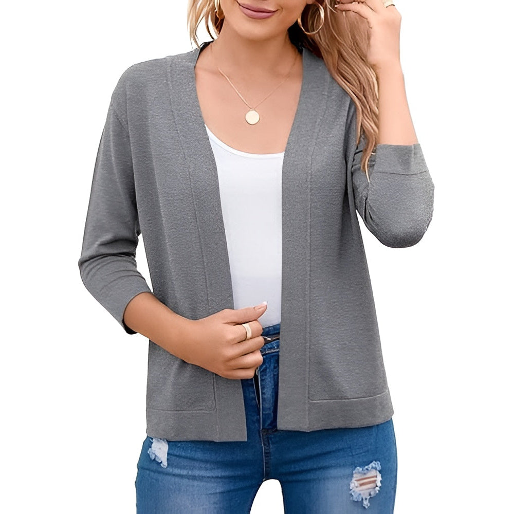 Homixa Caelune women's cropped open-front cardigan with three-quarter sleeves and banded hem, shown in natural light.