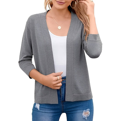 Homixa Caelune women's cropped open-front cardigan with three-quarter sleeves and banded hem, shown in natural light.