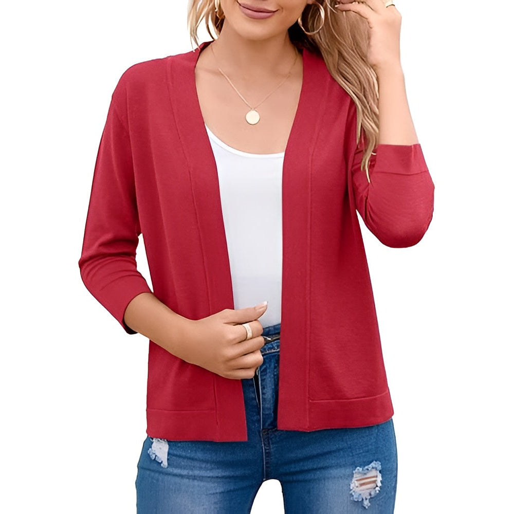 Homixa Caelune women's cropped open-front cardigan with three-quarter sleeves and banded hem, displayed on a neutral background.
