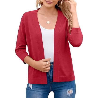 Homixa Caelune women's cropped open-front cardigan with three-quarter sleeves and banded hem, displayed on a neutral background.