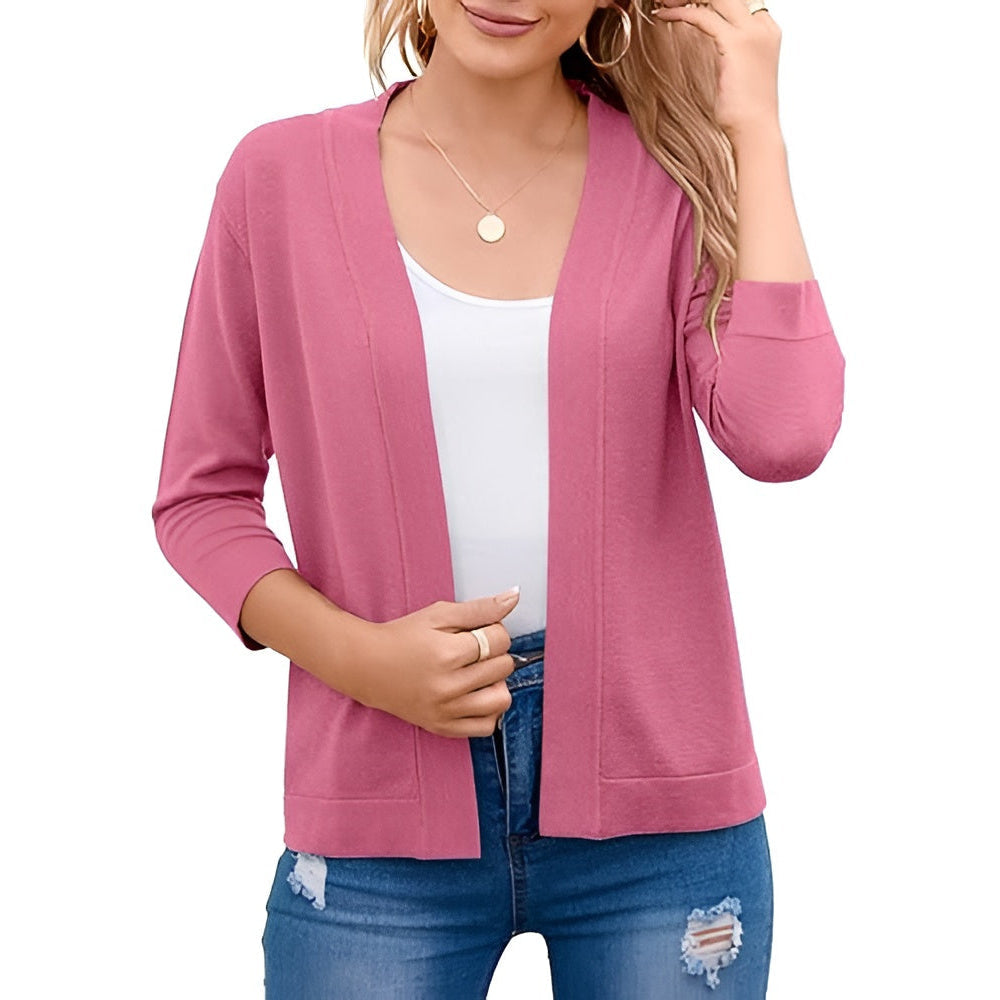 Homixa Caelune women's cropped open-front cardigan with three-quarter sleeves and banded hem, styled on a model.