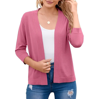 Homixa Caelune women's cropped open-front cardigan with three-quarter sleeves and banded hem, styled on a model.