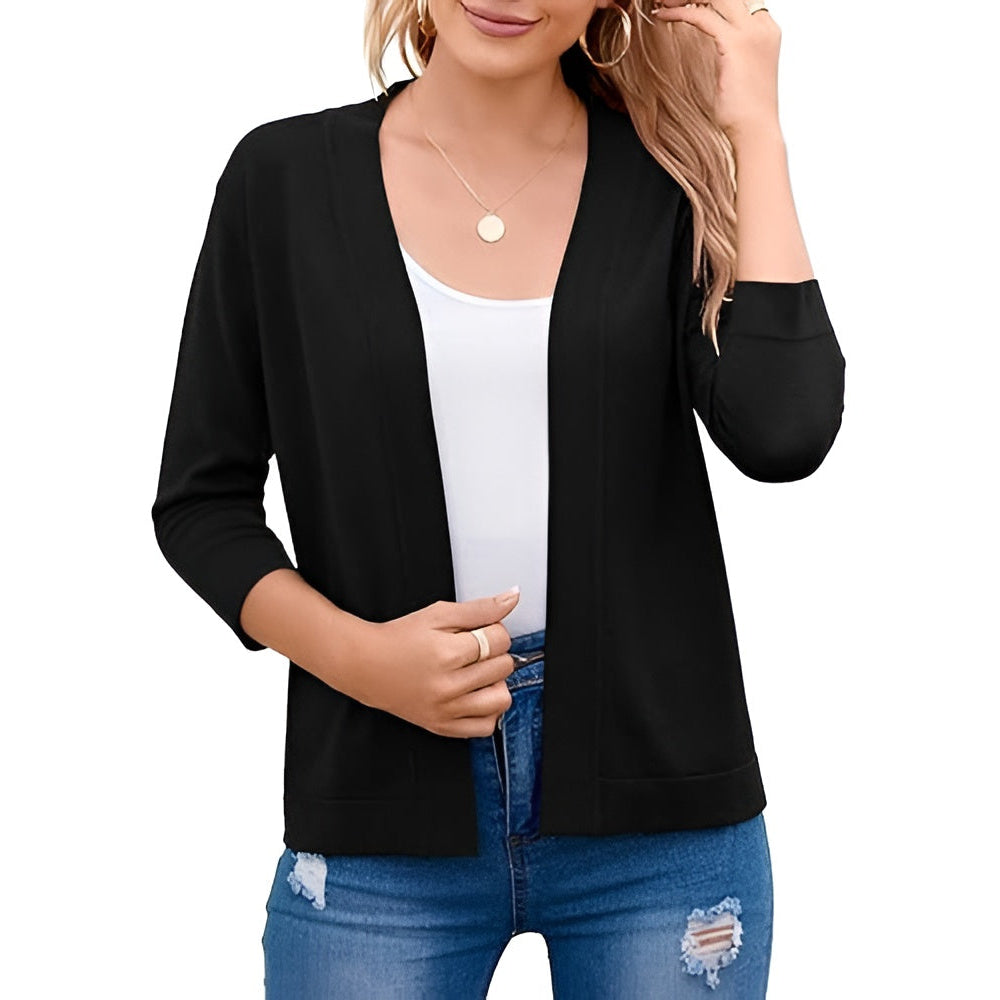 Homixa Caelune women's cropped open-front cardigan with three-quarter sleeves and banded hem, shown in a stylish light knit.