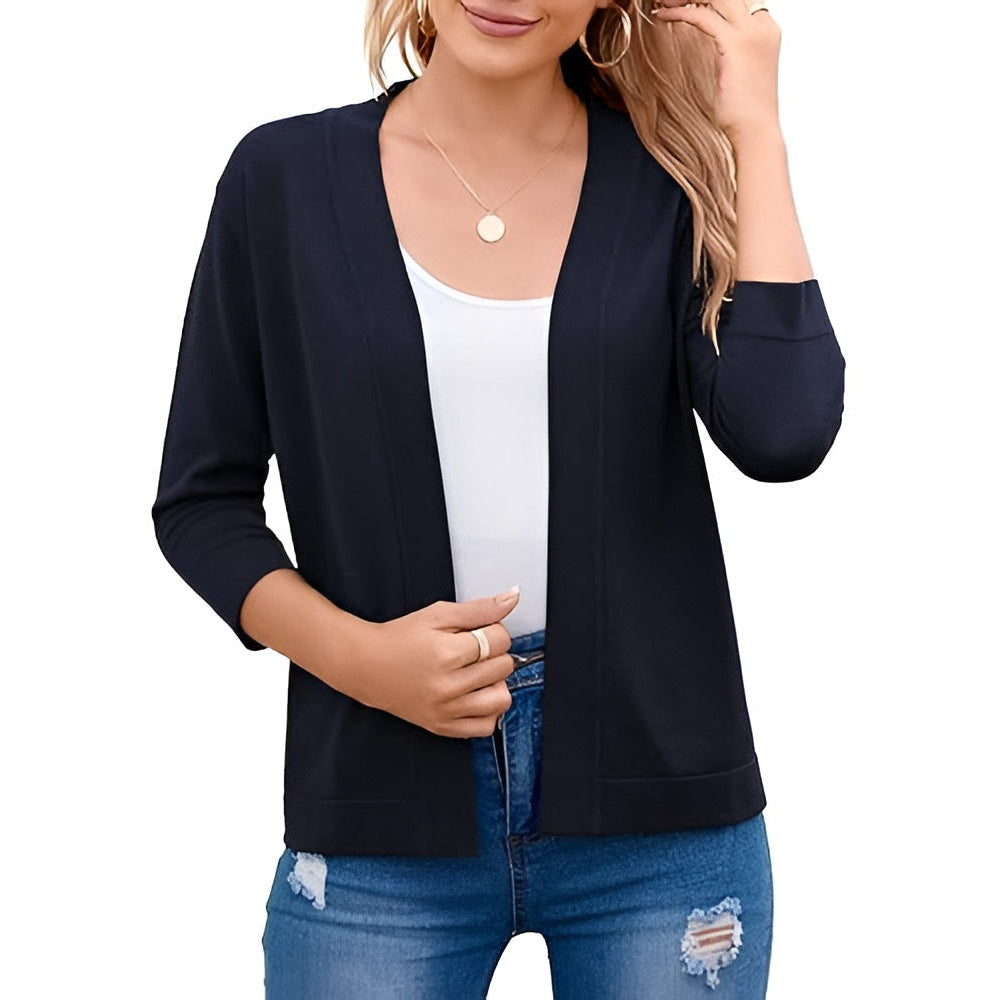 Homixa Caelune women's cropped open-front cardigan with three-quarter sleeves and banded hem, shown on a model.