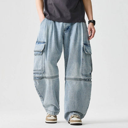 Homixa Caerielle men's heavyweight cargo jeans with loose fit, thigh pockets, and knee seams, shown on a model.