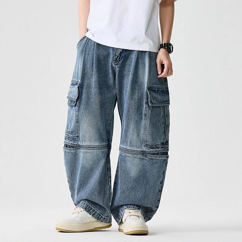 Homixa Caerielle men's heavyweight cargo jeans with loose fit, thigh pockets, and knee seams, shown on a model.